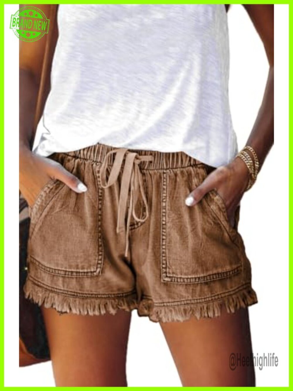 Women's Casual Drawstring Linen Cotton Shorts, Mid/High Rise, 5 Pockets